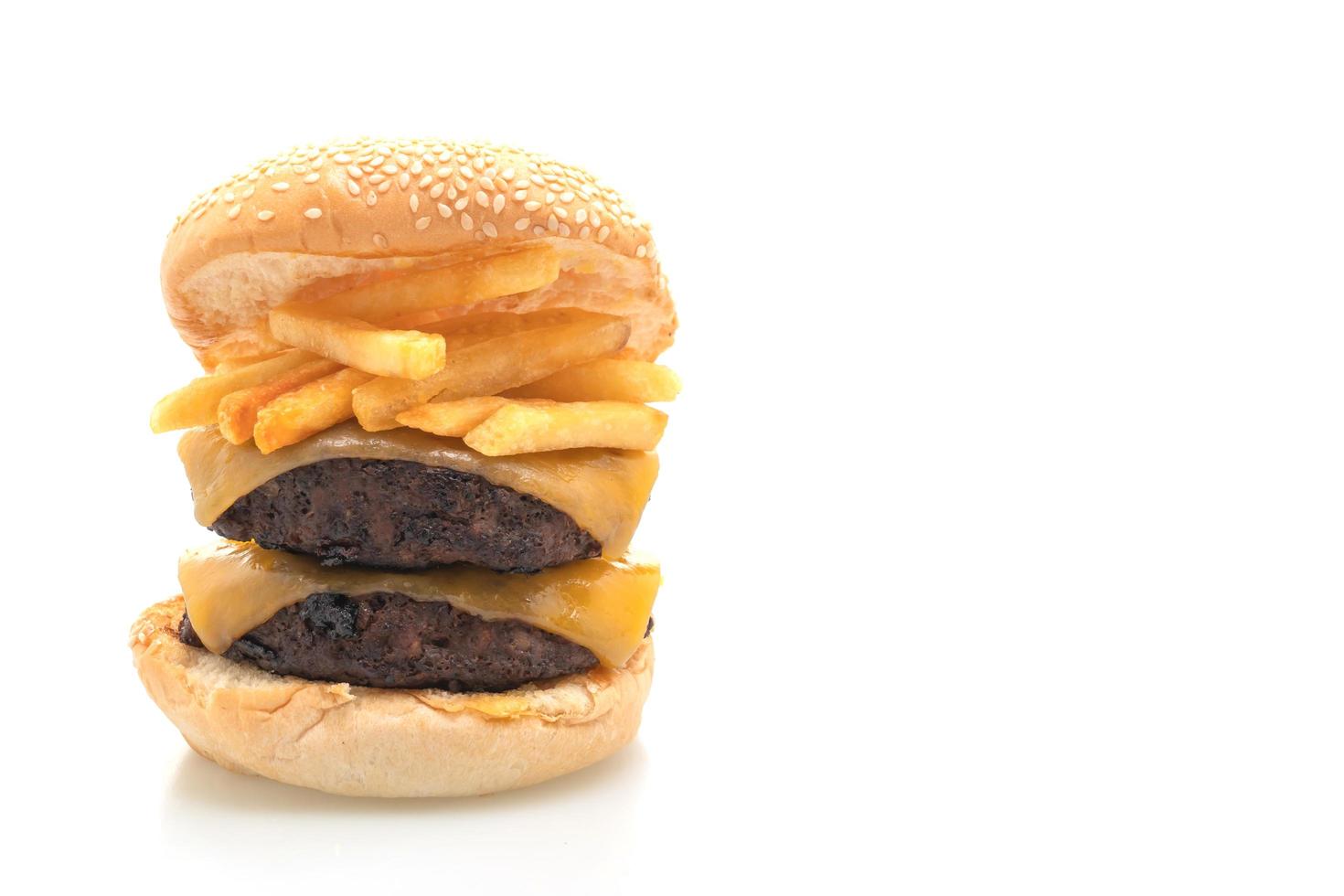 Hamburger or beef burgers with cheese and french fries - unhealthy food style photo