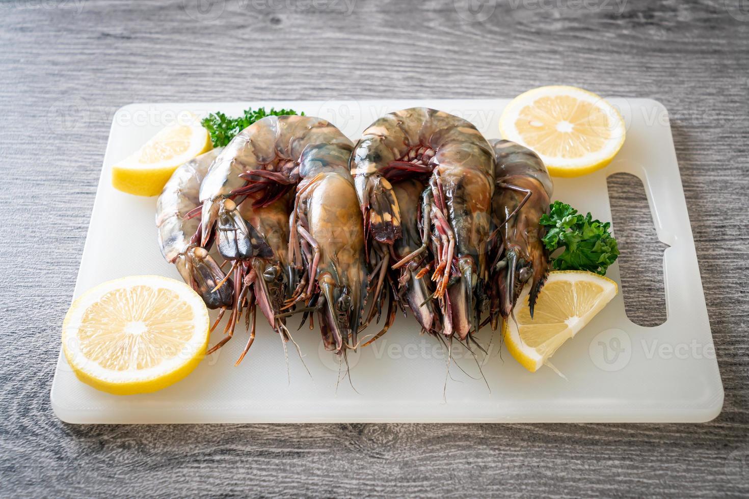 Fresh tiger prawn or shrimp on wood board photo