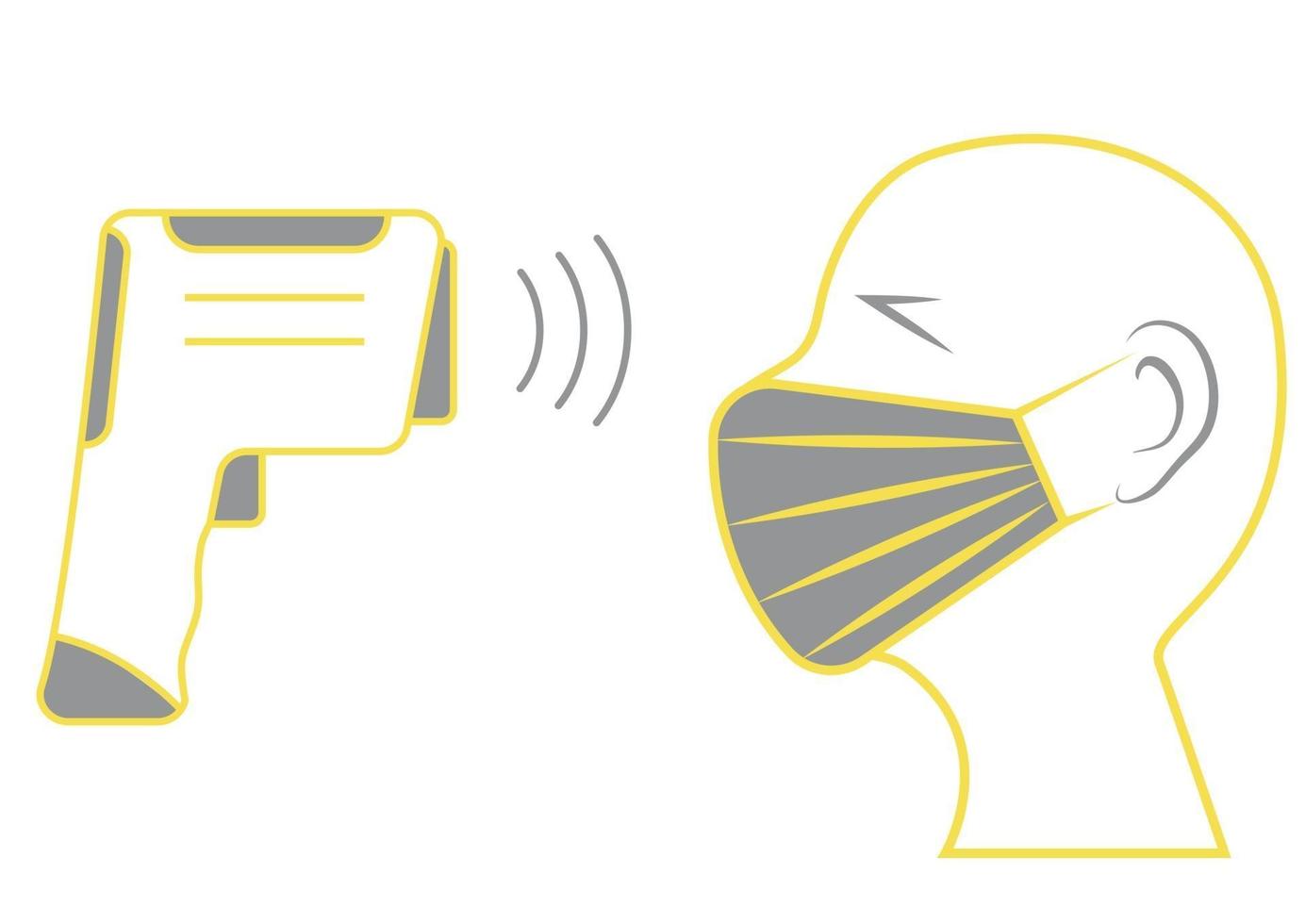 Check human body temperature using non-contact infrared thermometer. Temperature scanning sign. Mask on the face. Coronavirus prevention. Healthcare infographic elements. Vector