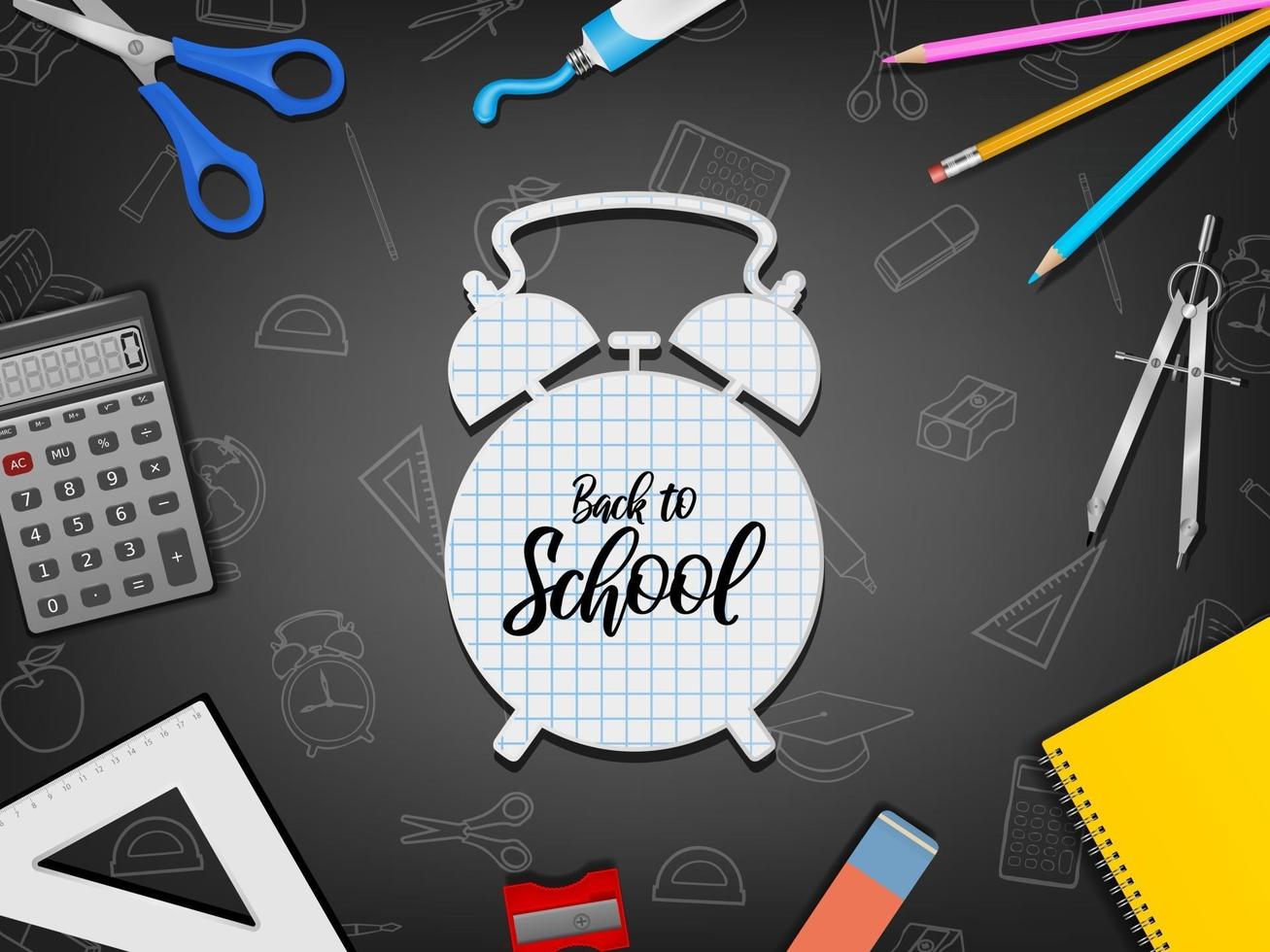 back to school poster with realistic supplies on chalkboard background vector