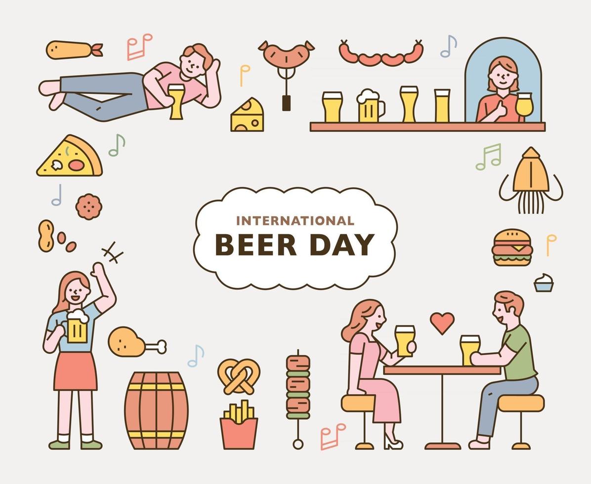 beer day. People drinking beer in pub and various food icons. flat design style minimal vector illustration.