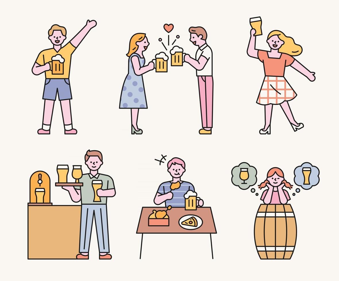 día de la cerveza. mucha gente bebiendo cerveza en el pub. Ilustración de vector mínimo de estilo de diseño plano.