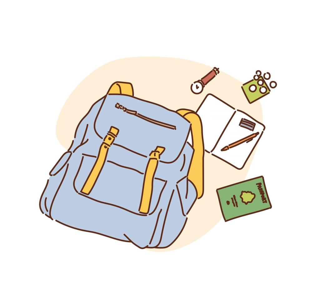 mochila de viaje y cosas en la bolsa. ilustraciones de diseño de vectores de estilo dibujado a mano.