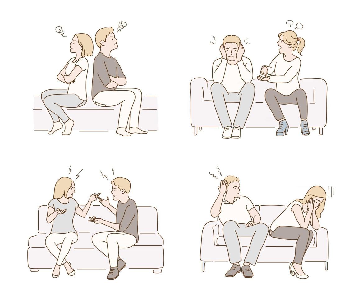 A couple is sitting on the sofa and arguing. hand drawn style vector design illustrations.