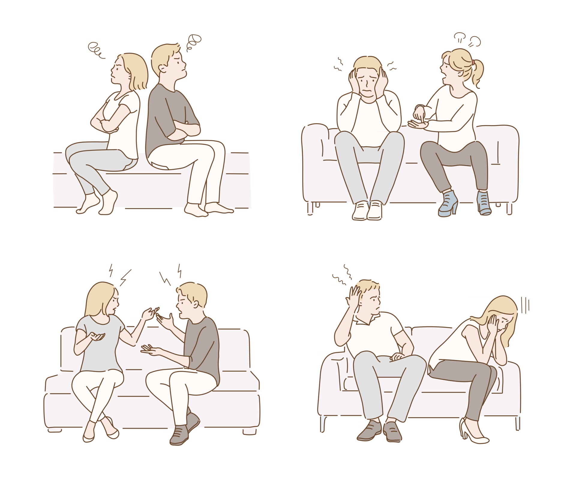 A couple is sitting on the sofa and arguing. hand drawn style vector