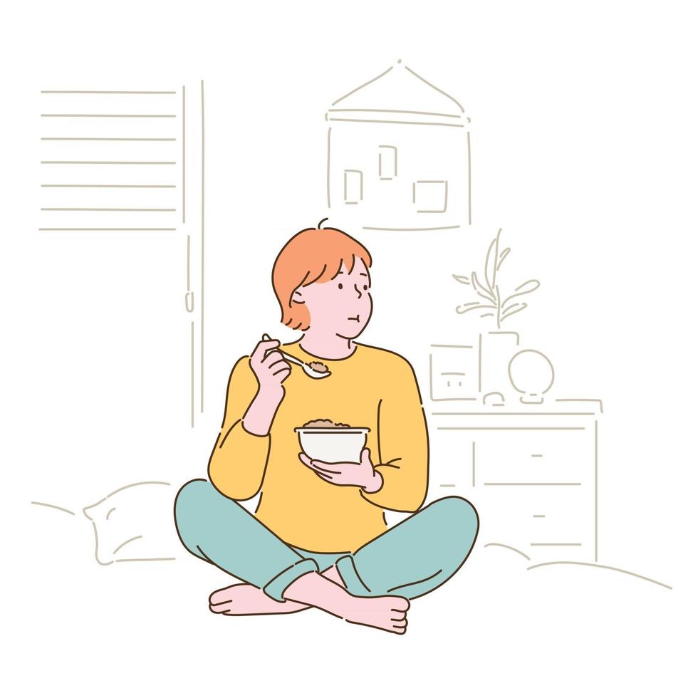 A woman is eating cereal. hand drawn style vector design illustrations.