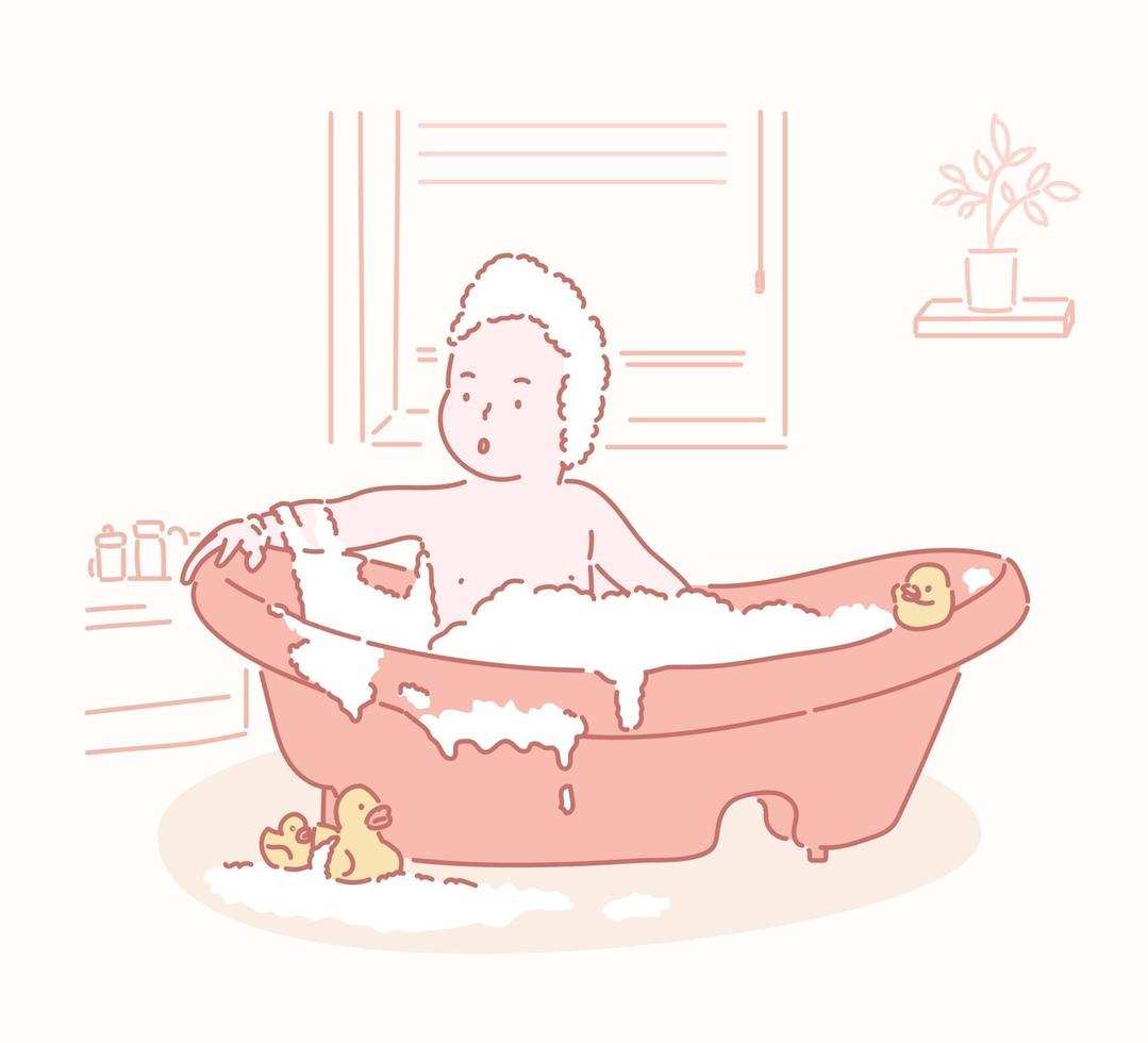 The baby is bathing in the bathtub. hand drawn style vector design illustrations.