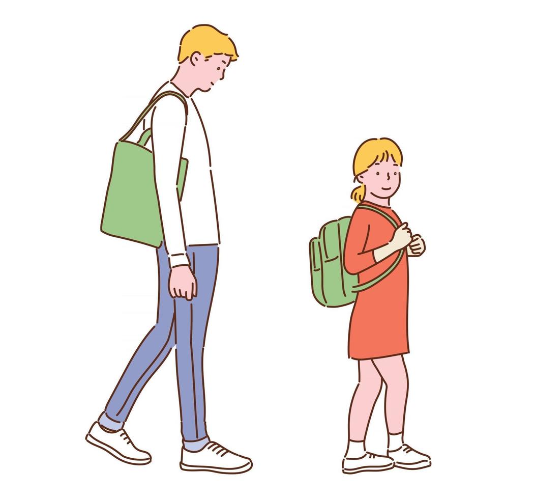 A man and a girl with green bags. hand drawn style vector design illustrations.