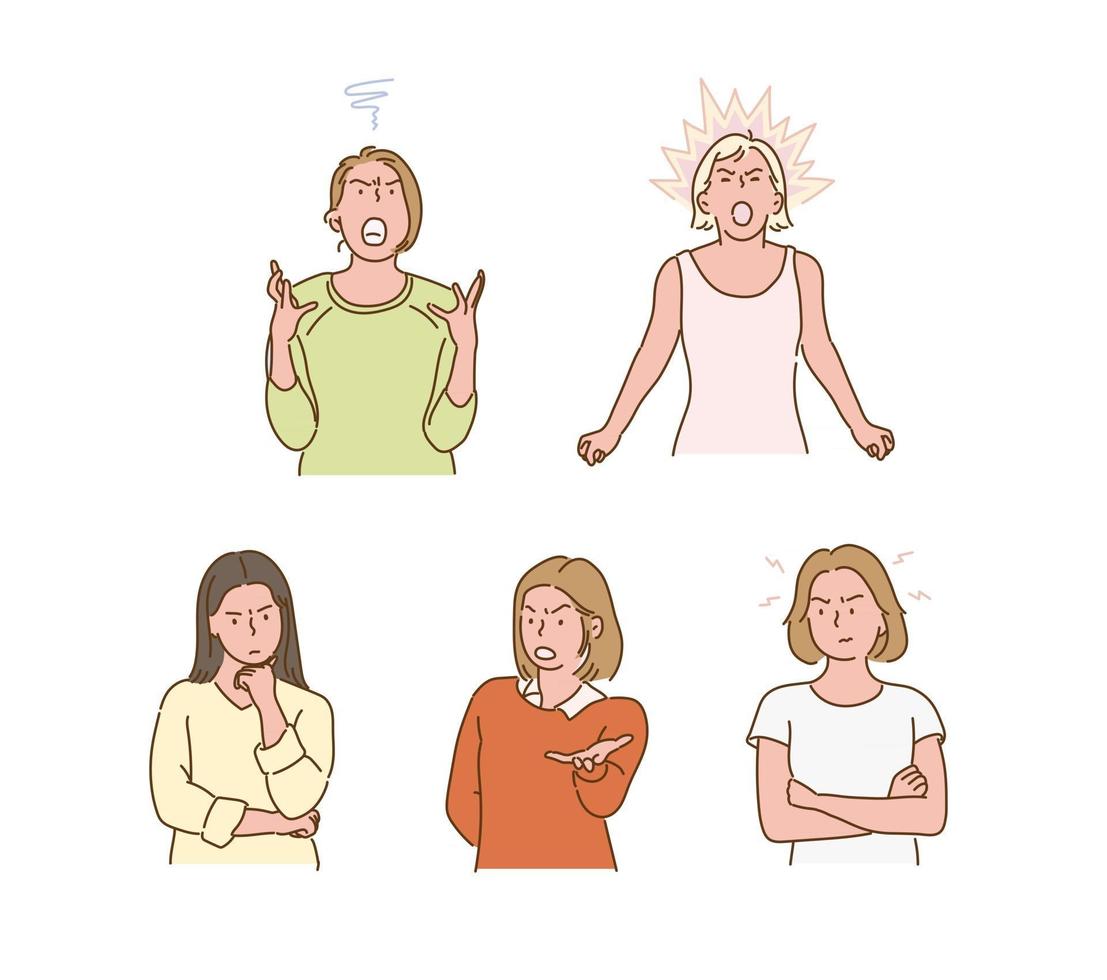 Stressed and angry female character. hand drawn style vector design illustrations.