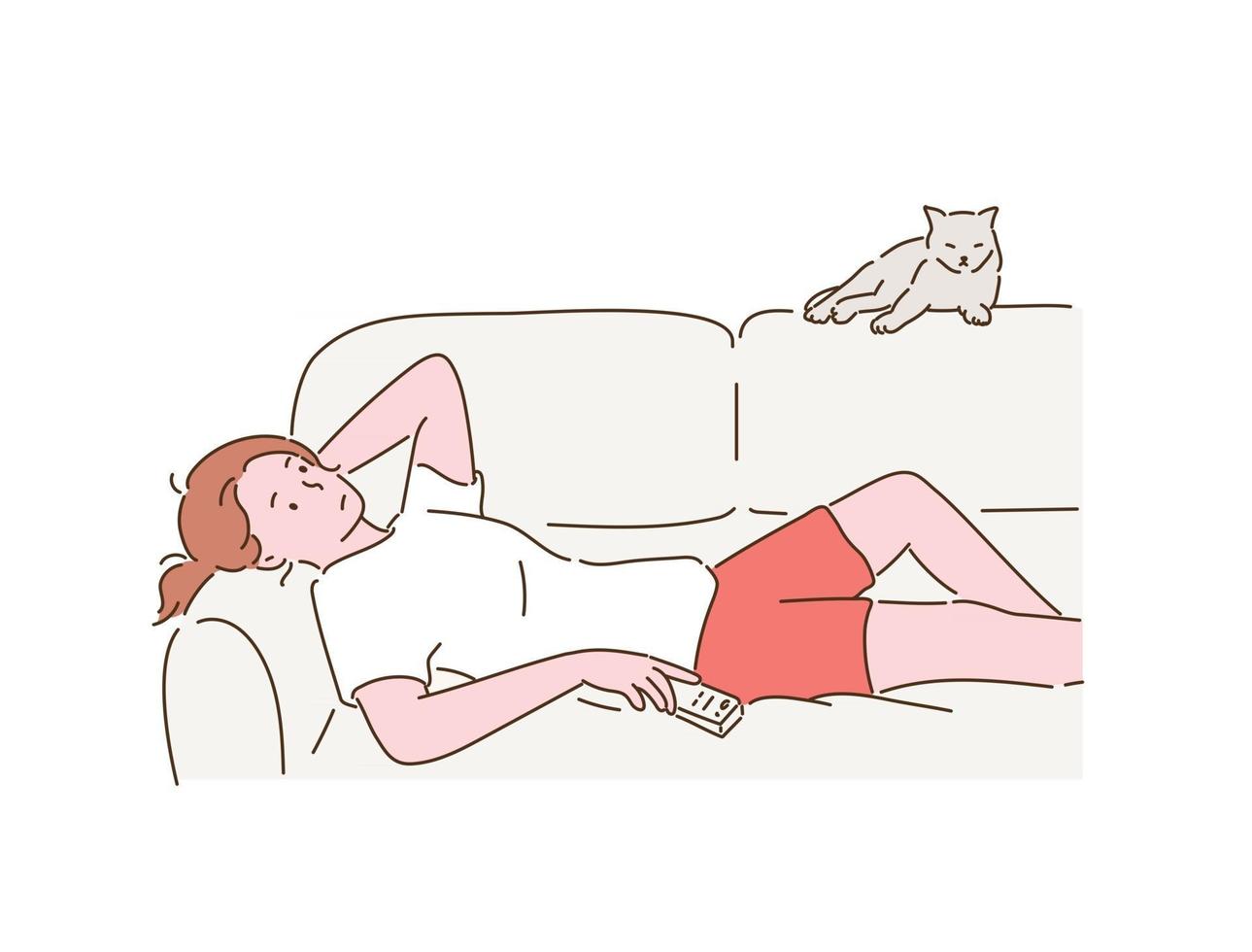 A woman is lying on the sofa, holding a remote control in her hand and looking bored. hand drawn style vector design illustrations.