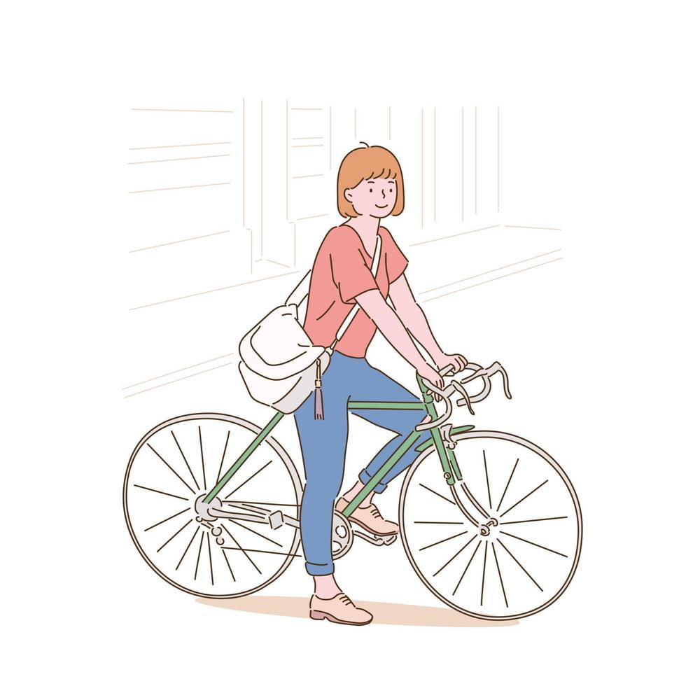 A woman stops for a moment while riding a bicycle. hand drawn style vector design illustrations.