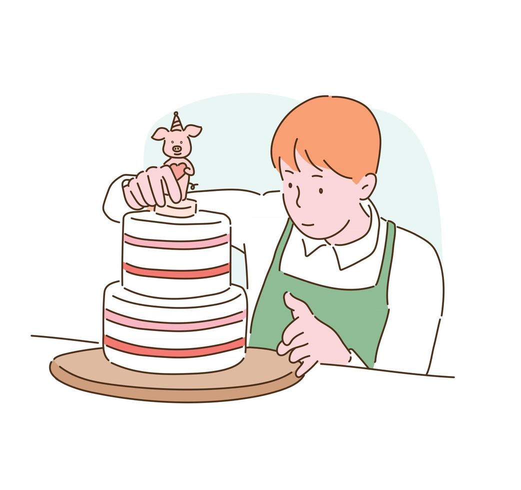 A man is putting decorations on the cake. hand drawn style vector design illustrations.