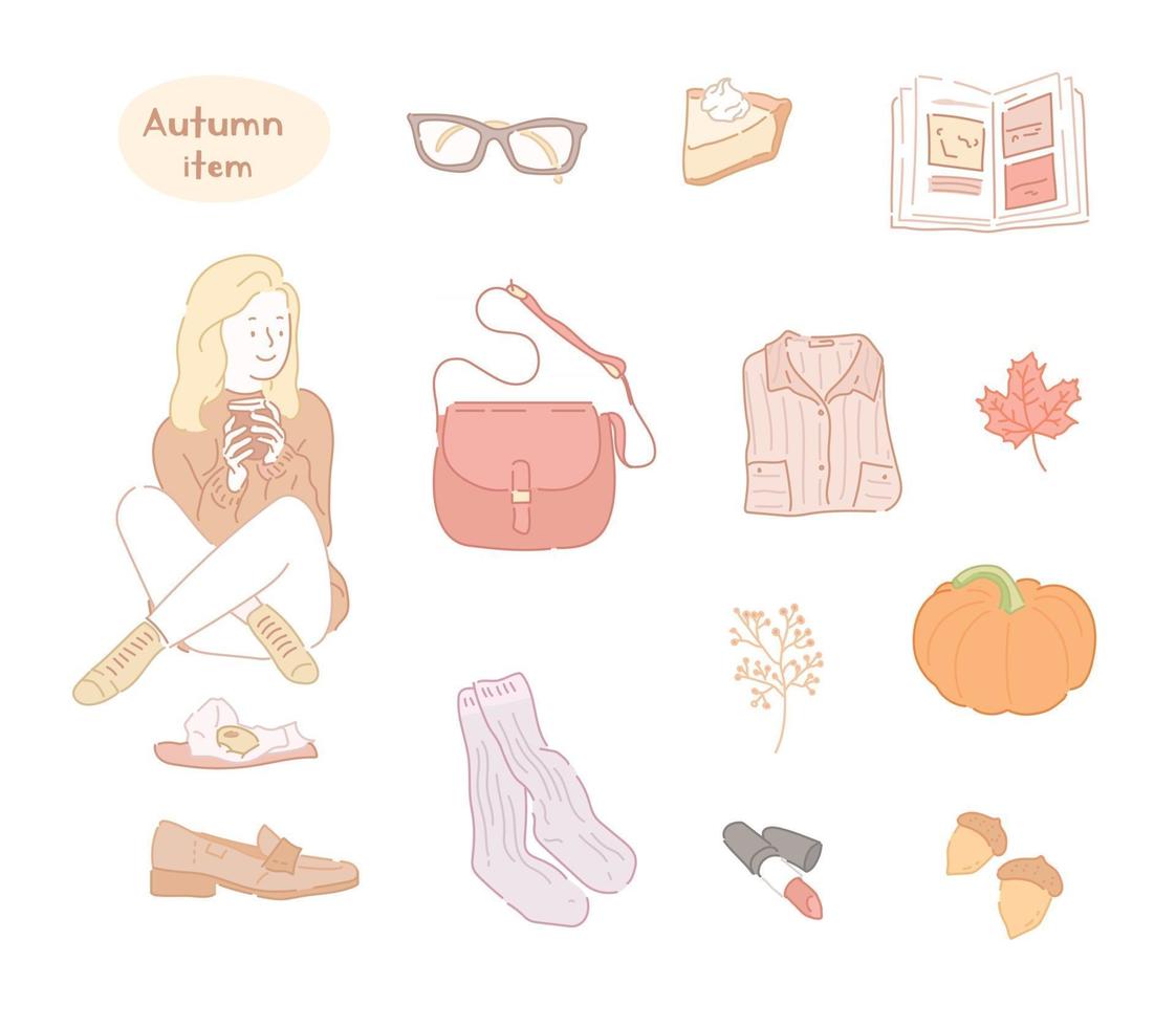 A girl drinking a hot drink and a collection of autumn items. hand drawn style vector design illustrations.