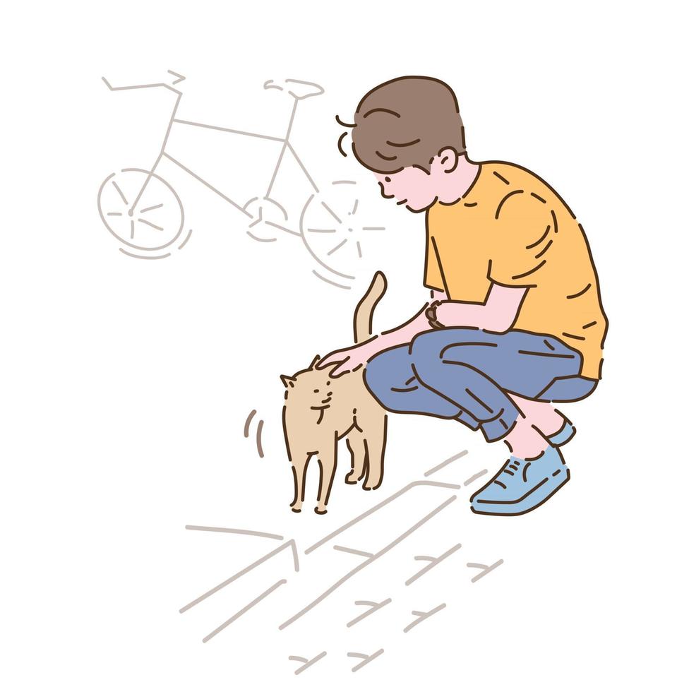 A boy is petting a cat he met on the street. hand drawn style vector design illustrations.