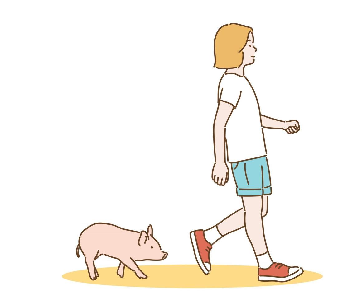 A girl is walking and a cute little pig is following. hand drawn style vector design illustrations.