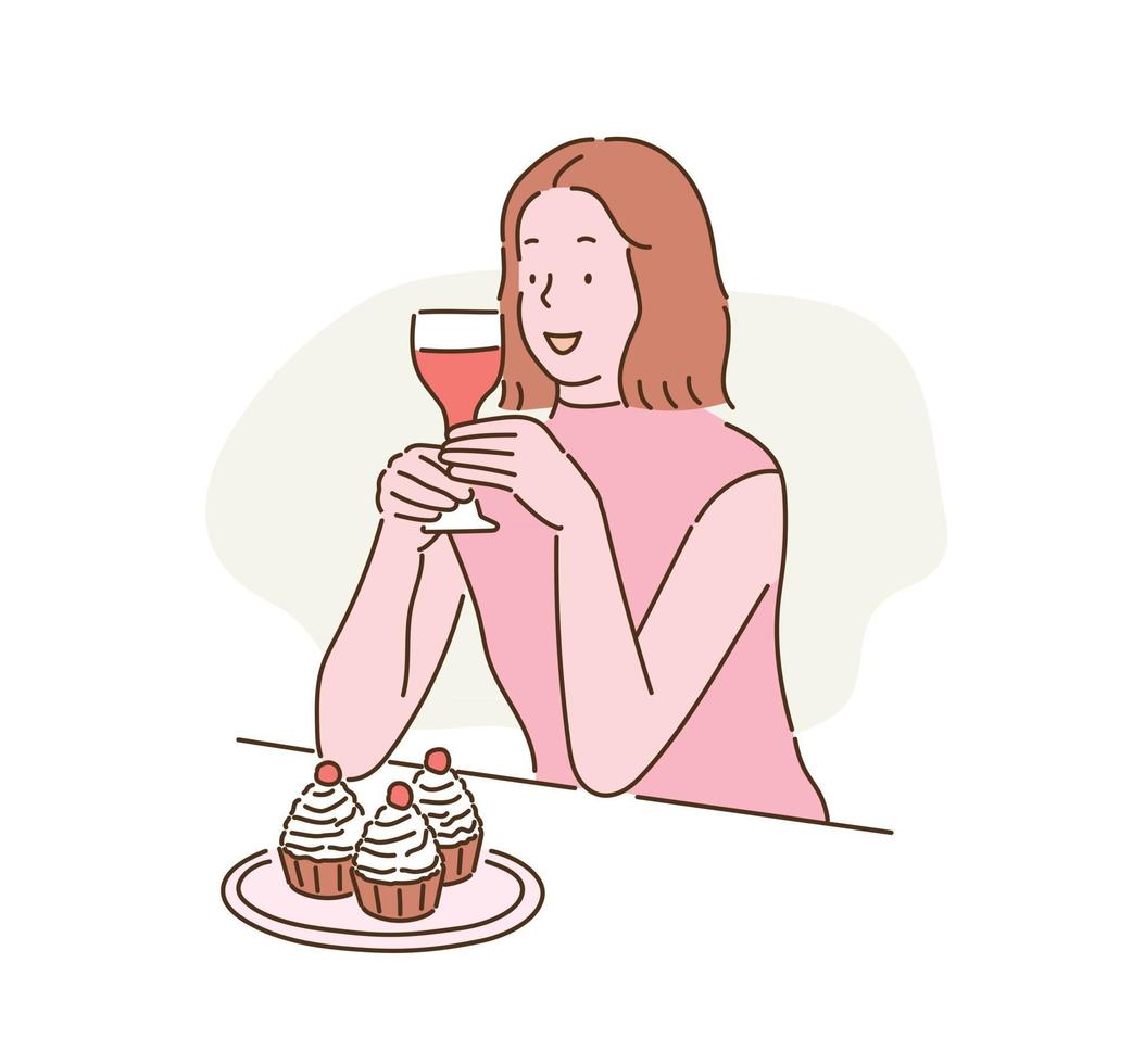 A woman is drinking wine and there is a cupcake in front of her. hand drawn style vector design illustrations.