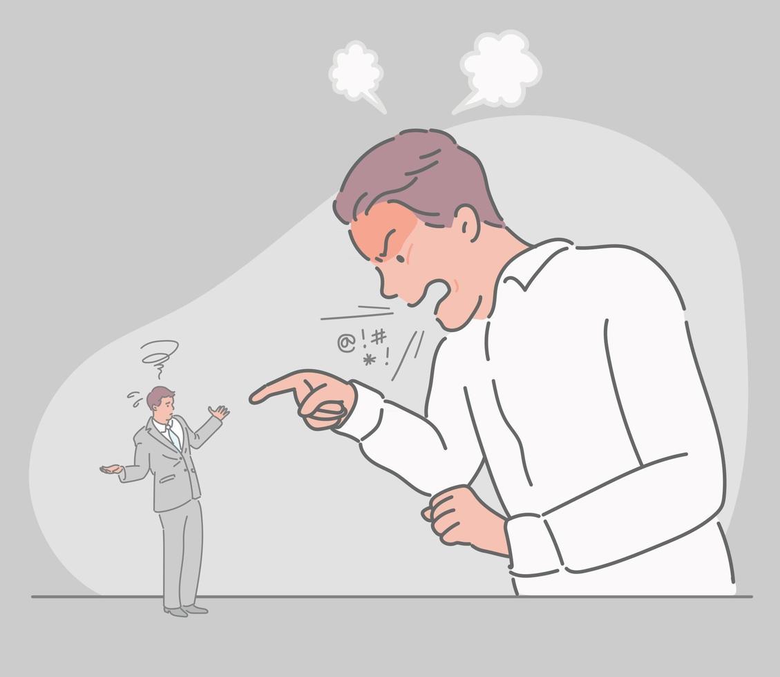 An angry giant boss and a small subordinate. hand drawn style vector design illustrations.