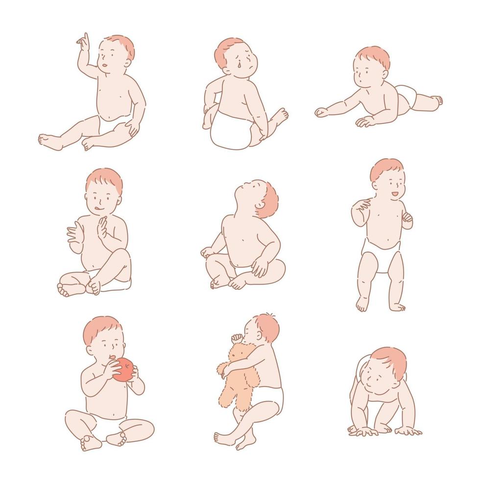 Cute baby poses. hand drawn style vector design illustrations.