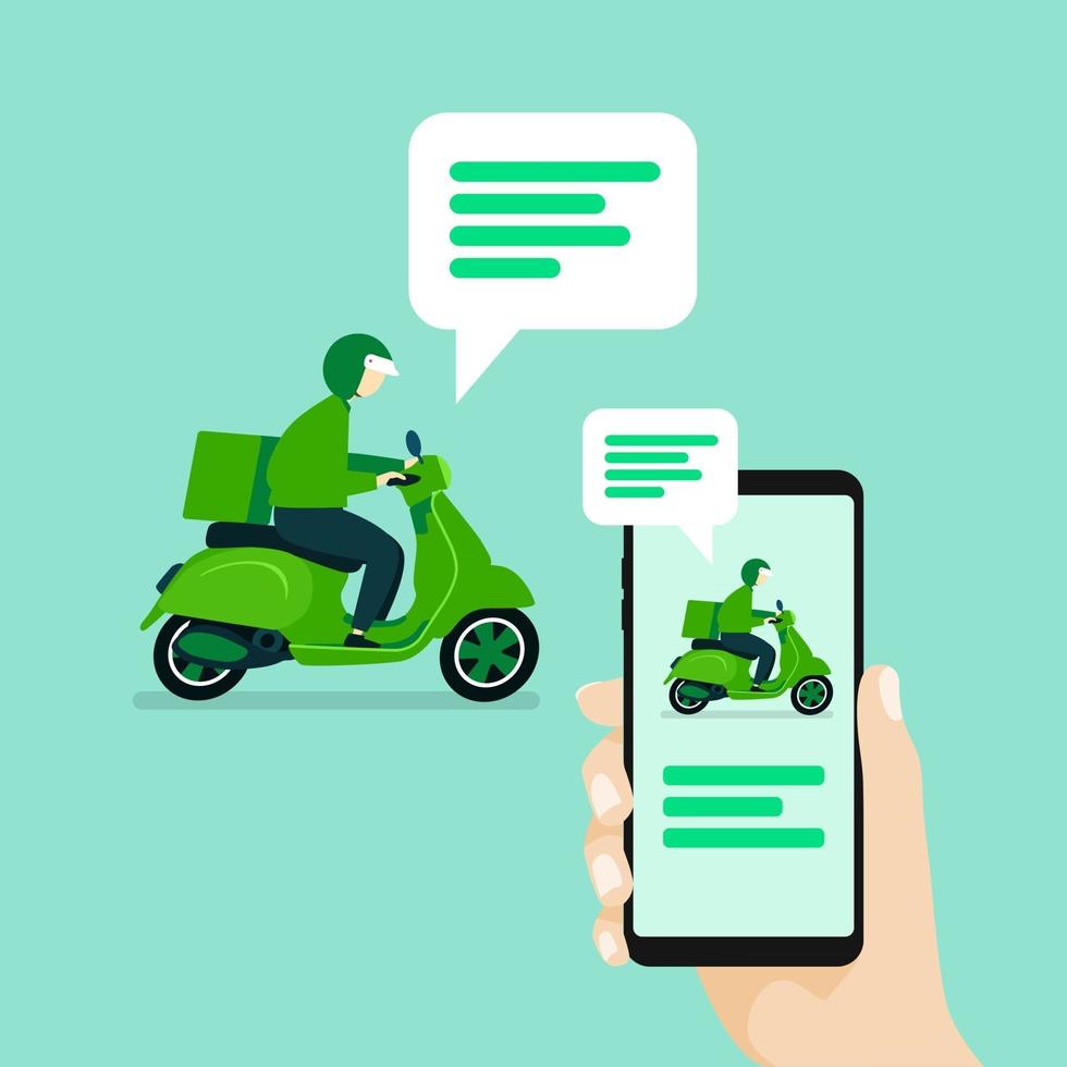 mano que sostiene el teléfono inteligente con notificaciones de mensajes. chat de usuario con el repartidor montando scooter. vector