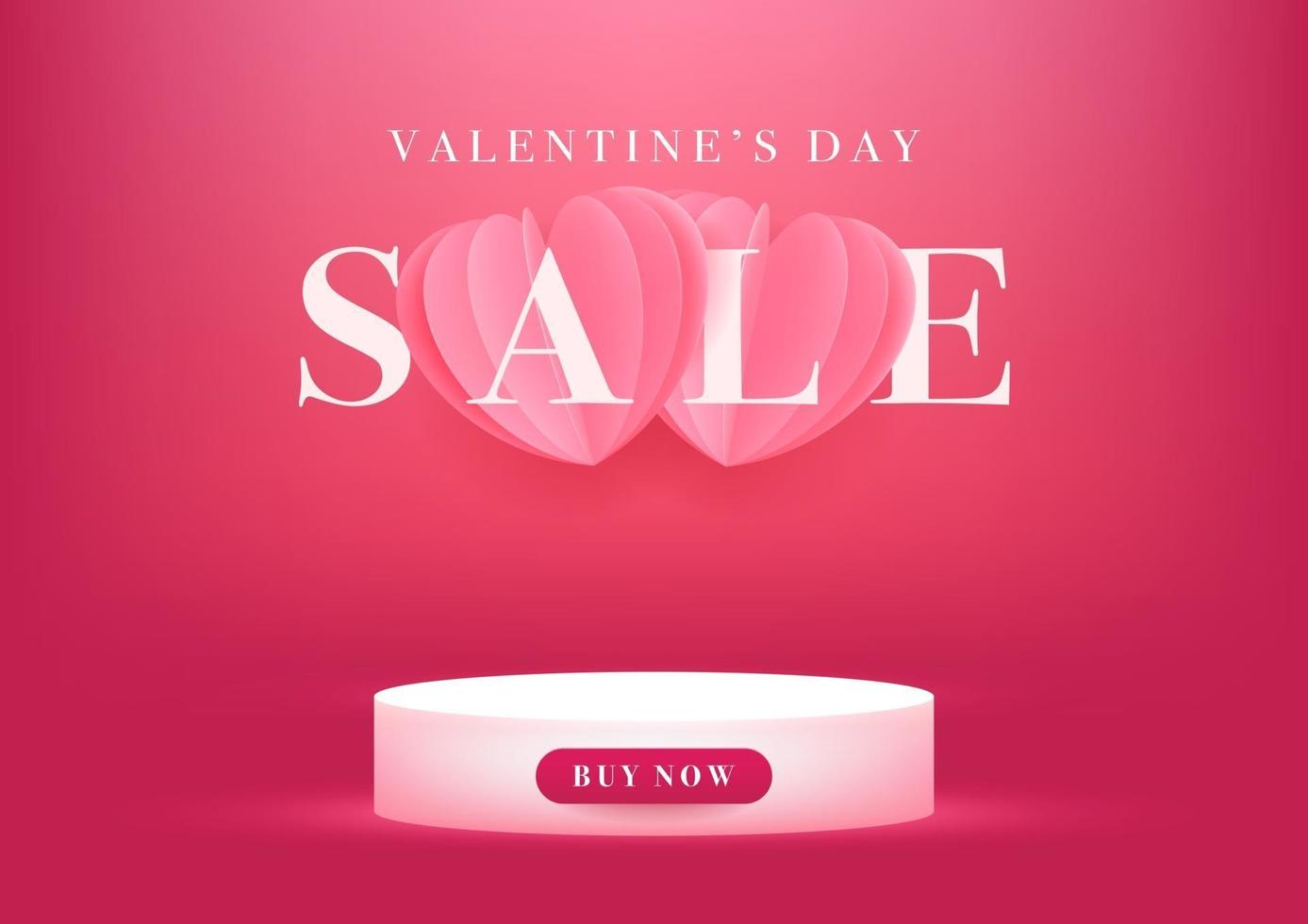 Podio vacío con venta de San Valentín, fondo de corazones de color rosa, oferta especial, banner de venta. vector