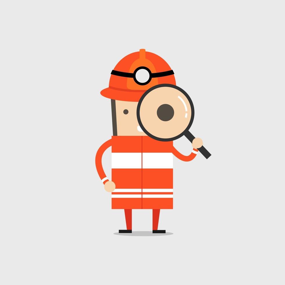 Firefighter holding a magnifying glass. Fireman Man Inspecting with large magnifying glass. vector