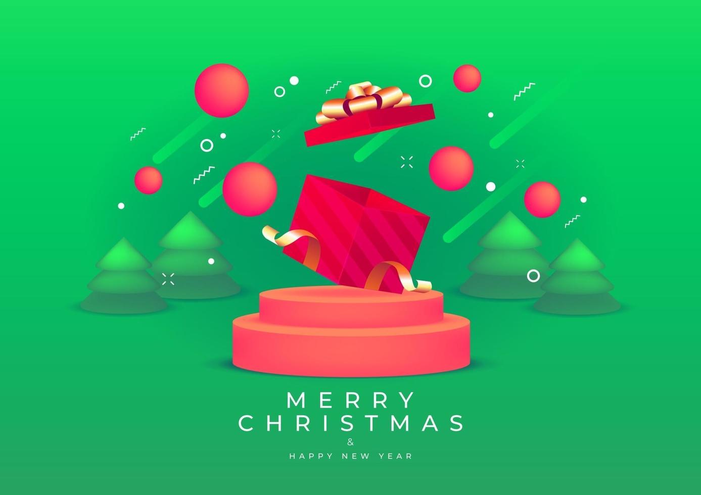 feliz navidad y próspero año nuevo con caja de regalo roja y banner de cinta dorada. Profundidad 3D y objetos festivos realistas. vector