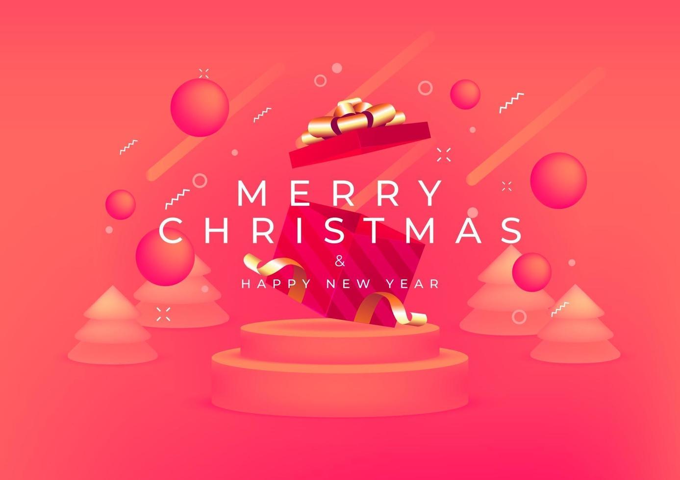 Merry Christmas and Happy New Year with red gift box and gold ribbon banner. 3D depth and realistic festive objects. vector