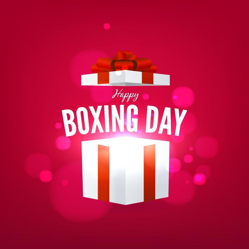 Feliz día del boxeo con caja de regalo abierta sobre fondo rojo. vector