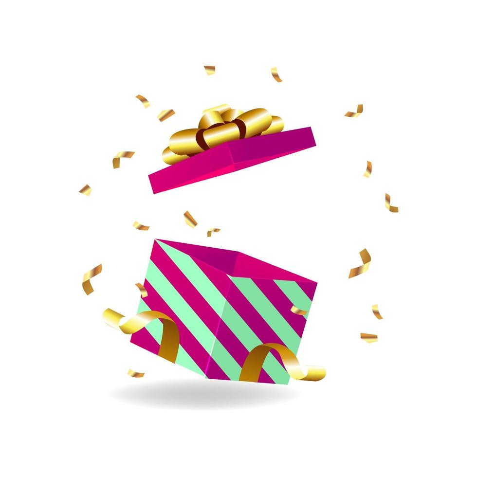 Opened gift box with golden bow and gold ribbon. vector