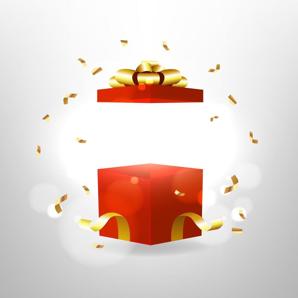 Opened red gift box with red bow and gold ribbon. Surprise box with magic effect. vector