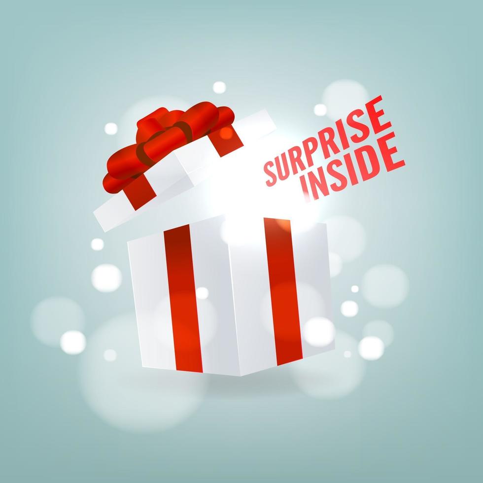 sorpresa dentro de caja de regalo abierta. caja de regalo blanca abierta con lazo rojo y lazo. sorpresa de cumpleaños y concepto de regalo de Navidad. vector