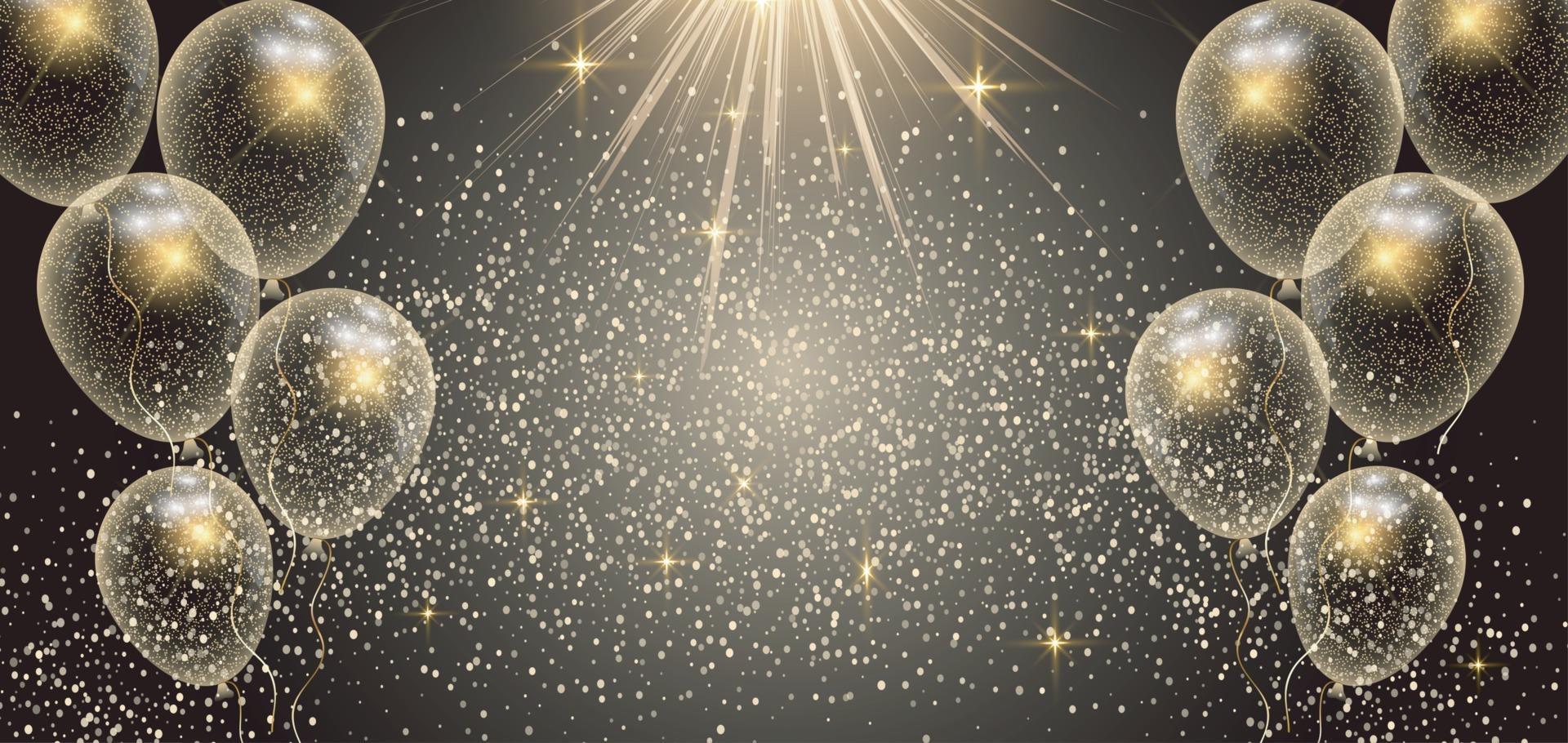 Balloon seamless border with shiny gold glitter and star confetti