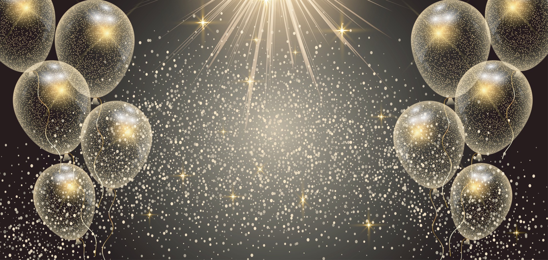 Balloon seamless border with shiny gold glitter and star confetti