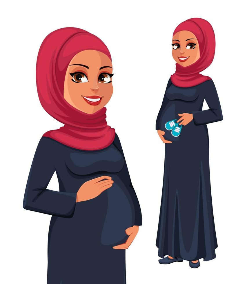 hermosa mujer musulmana embarazada en hijab vector