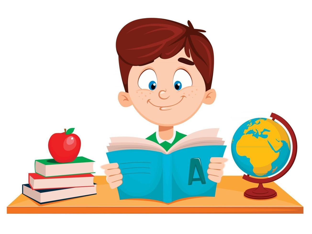 Cute boy sitting at the table and reading ABC book vector