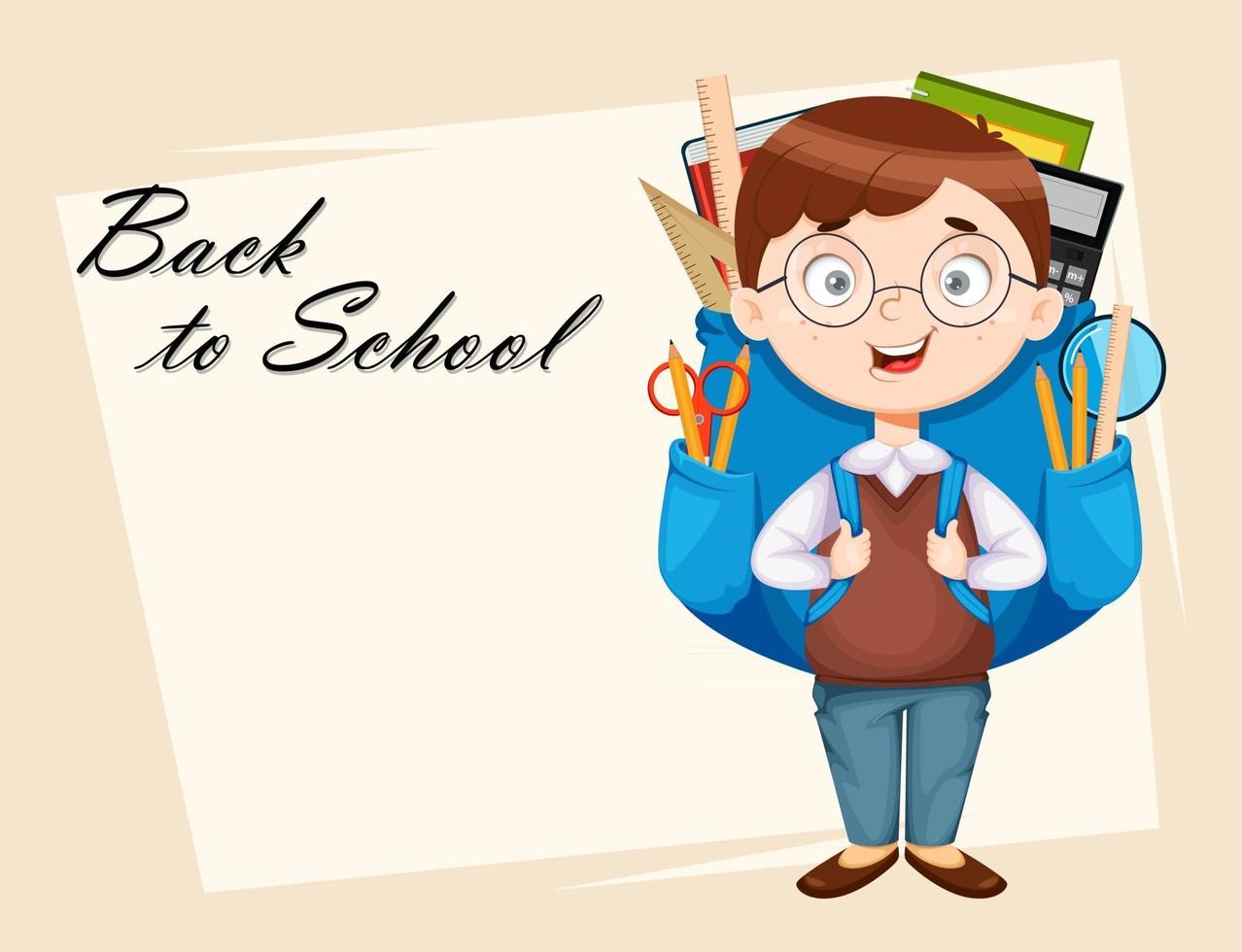 Back to school greeting card. Cute schoolboy vector