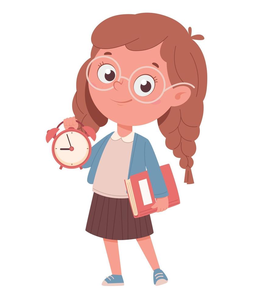 colegiala alegre sosteniendo un libro y un reloj vector