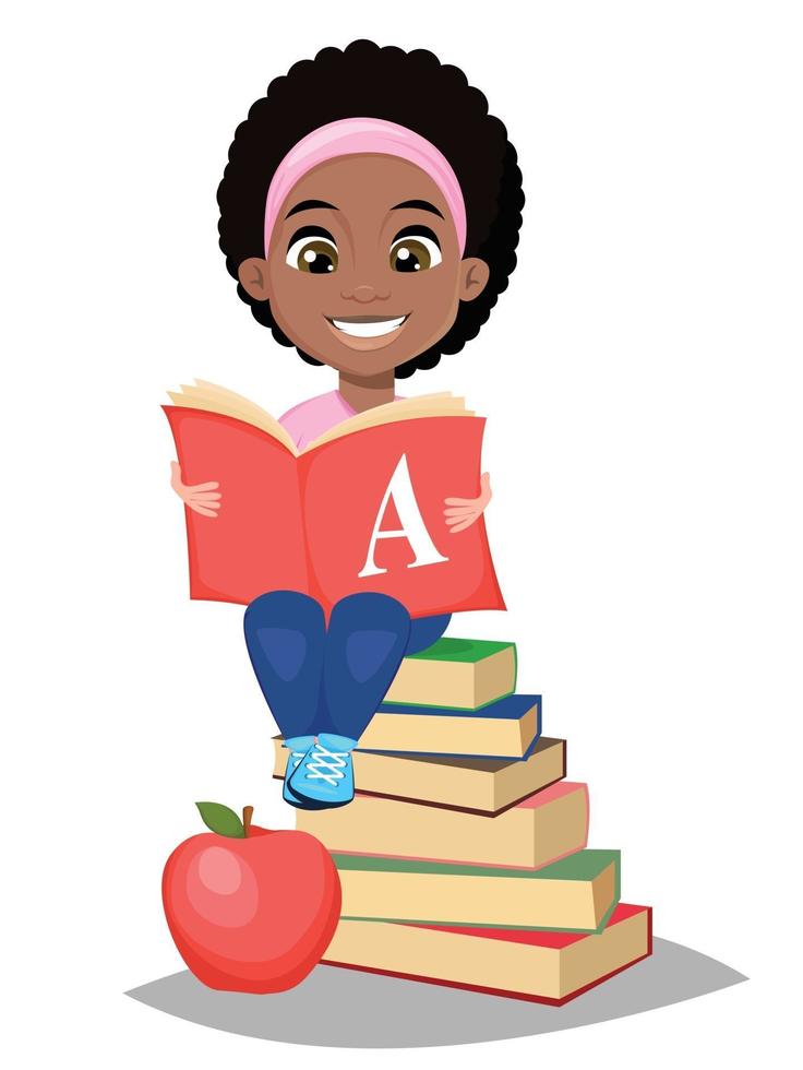 Back to school. Cute Afro-American girl holding primer and sitting on a stack of books. Pretty little schoolgirl. vector