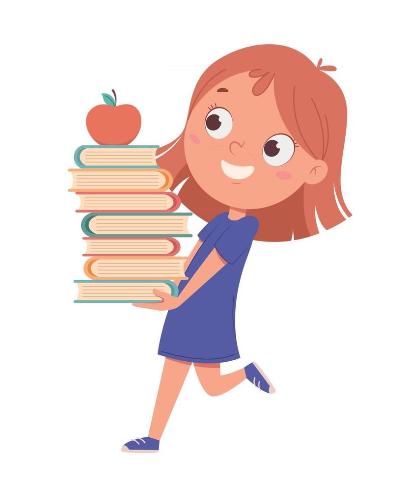 Cute little girl cartoon character holding books vector