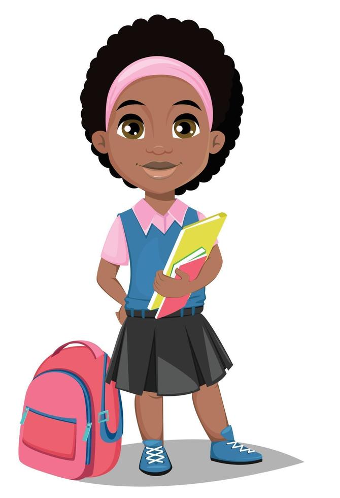 Back to school. Cute Afro-American girl with books in casual clothes stands near schoolbag vector