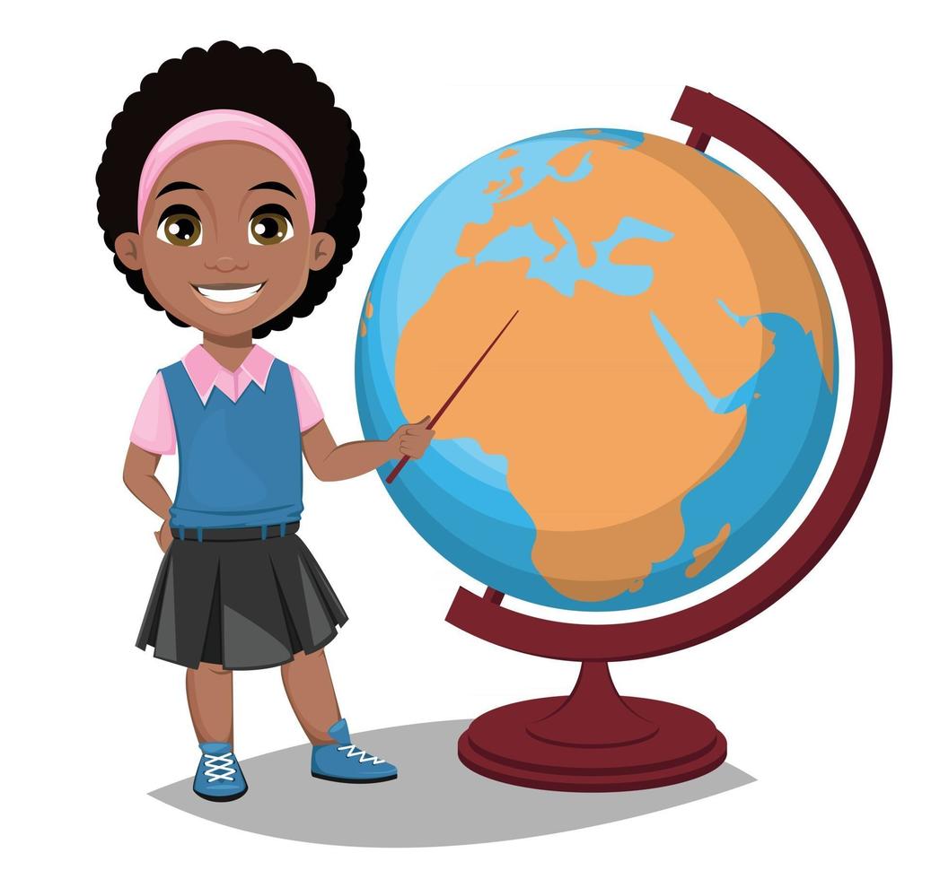 Back to school. Cute Afro-American girl points to the globe with a pointer. Pretty little schoolgirl. vector