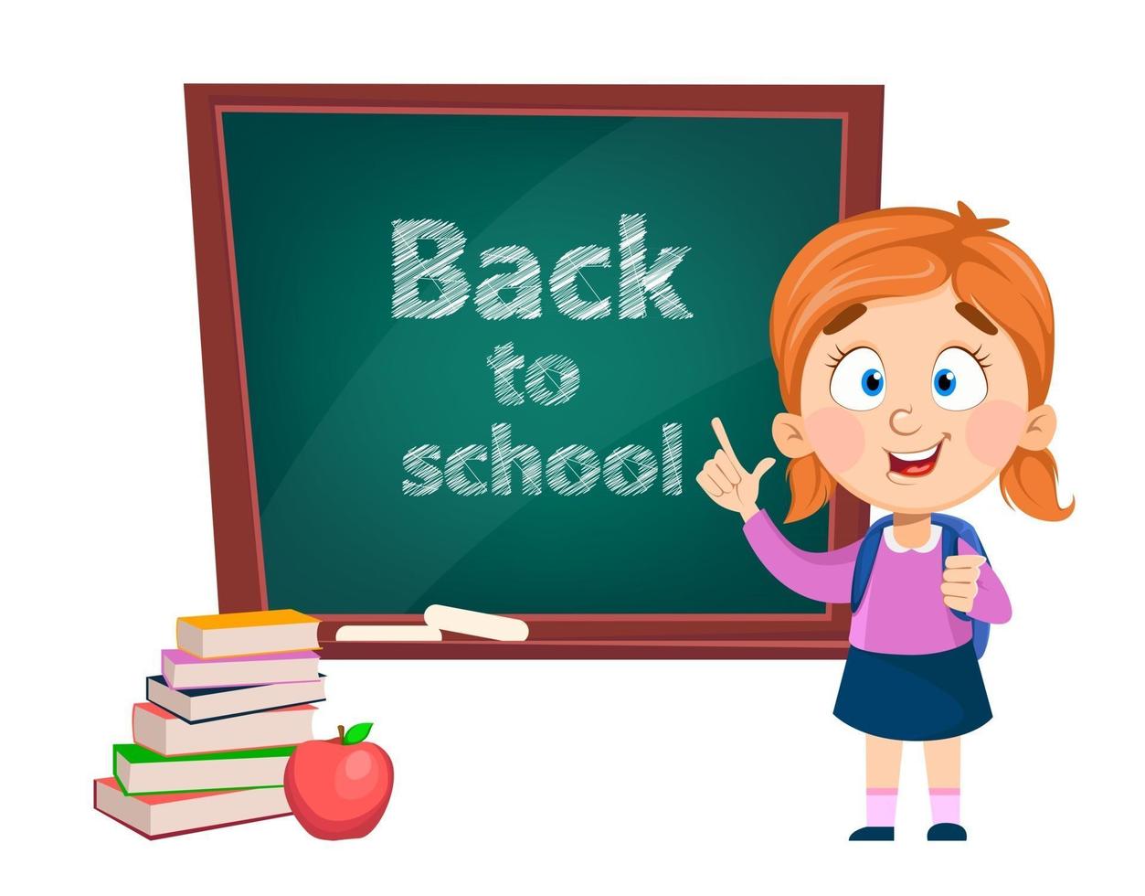 Back to school. Cute girl standing near blackboard vector