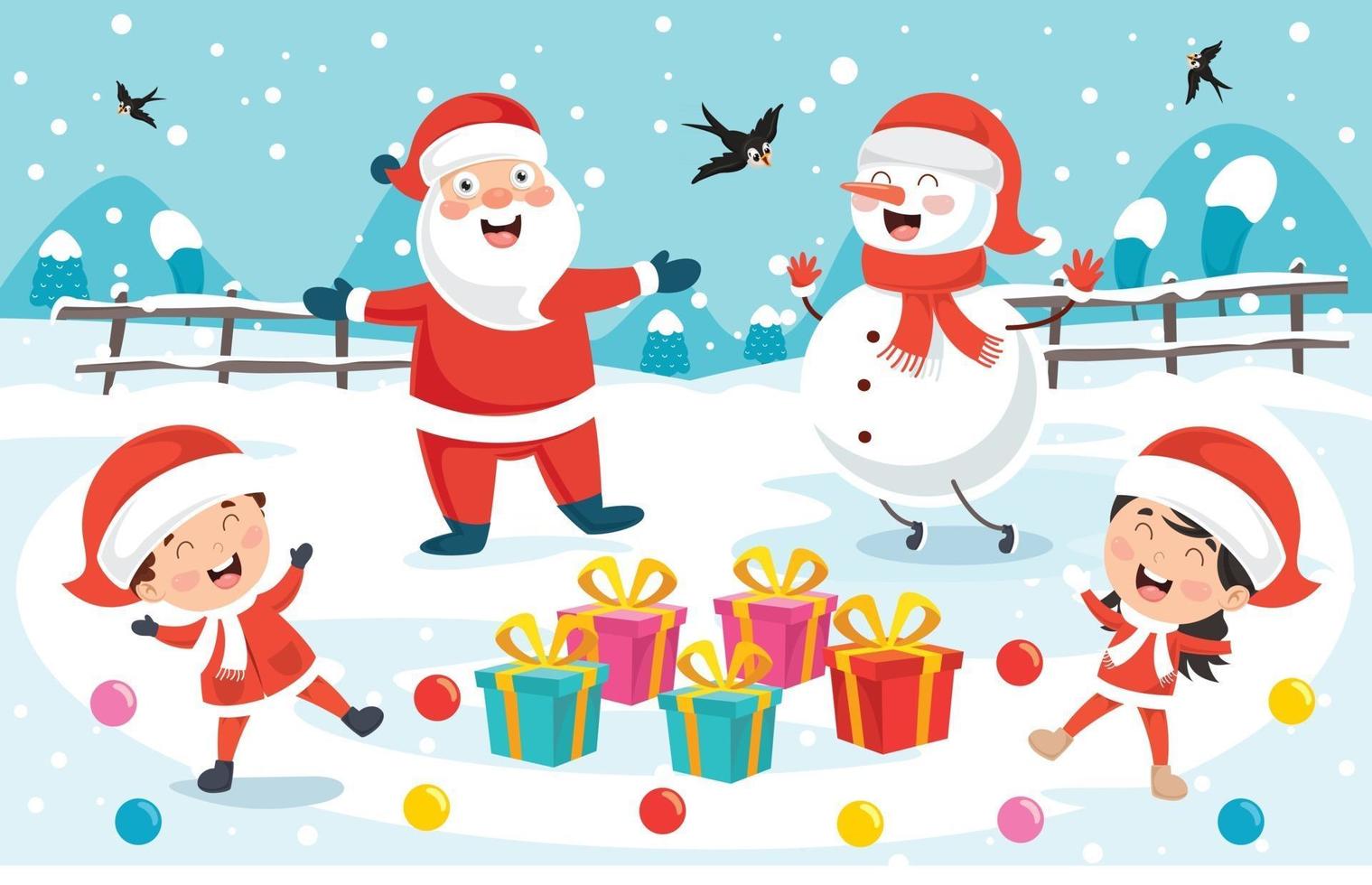 Christmas Greeting Card Design With Cartoon Characters vector