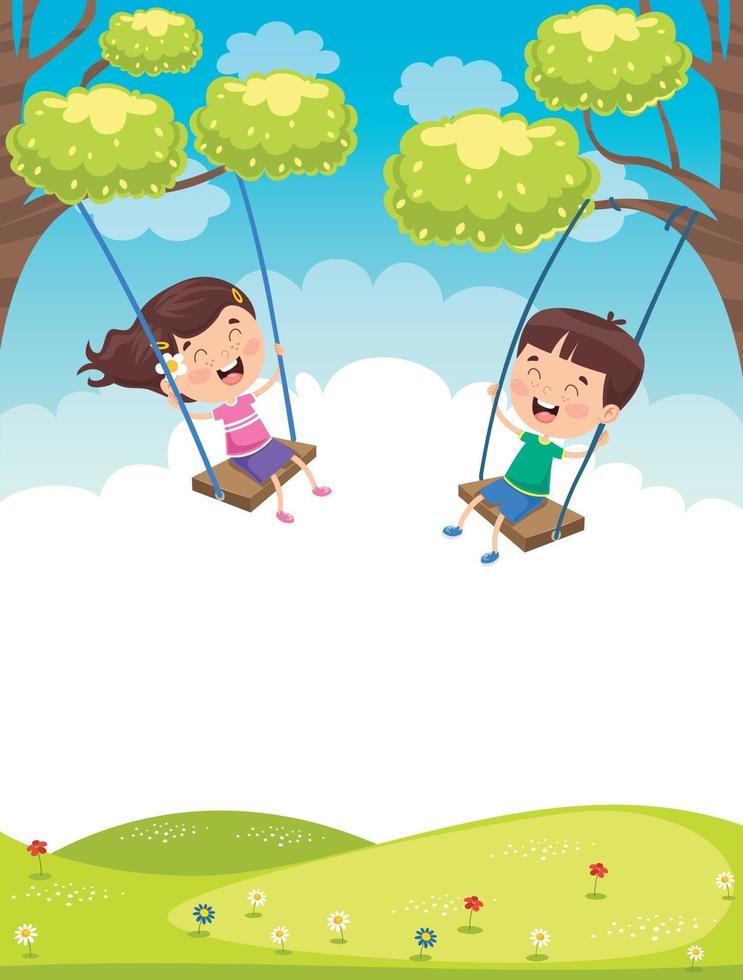 niños felices columpiándose en el árbol vector