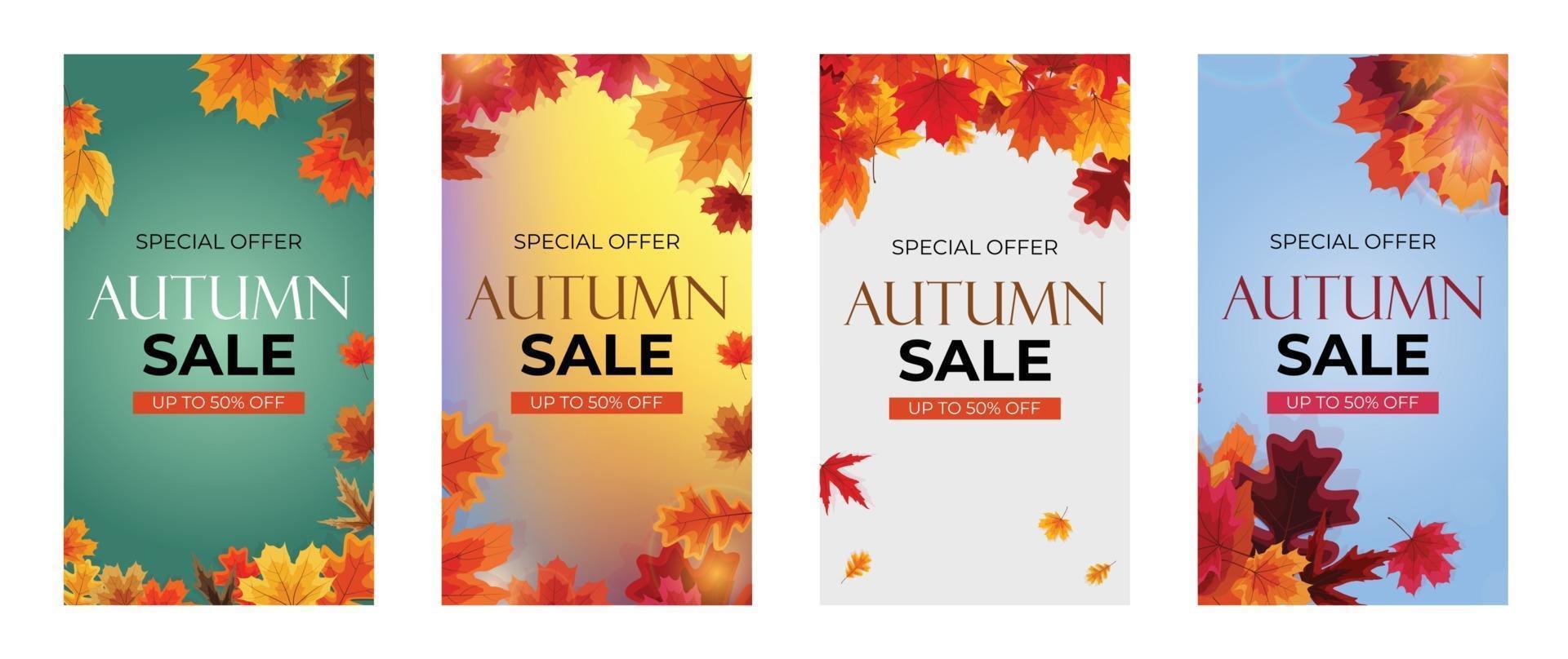 Autumn sale background with falling leaves. Can be used as story post in social network. Vector Illustration