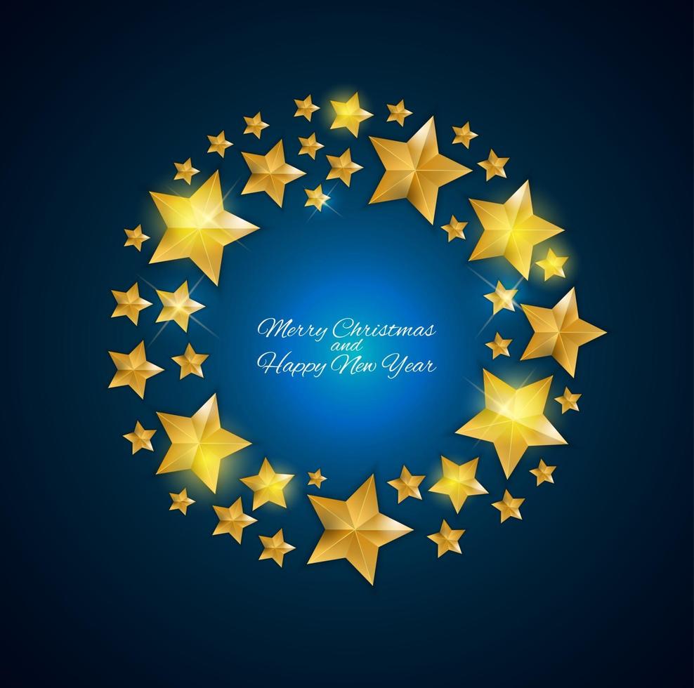 Happy New Year and Christms Background with Golden Stars. Vector Illustration