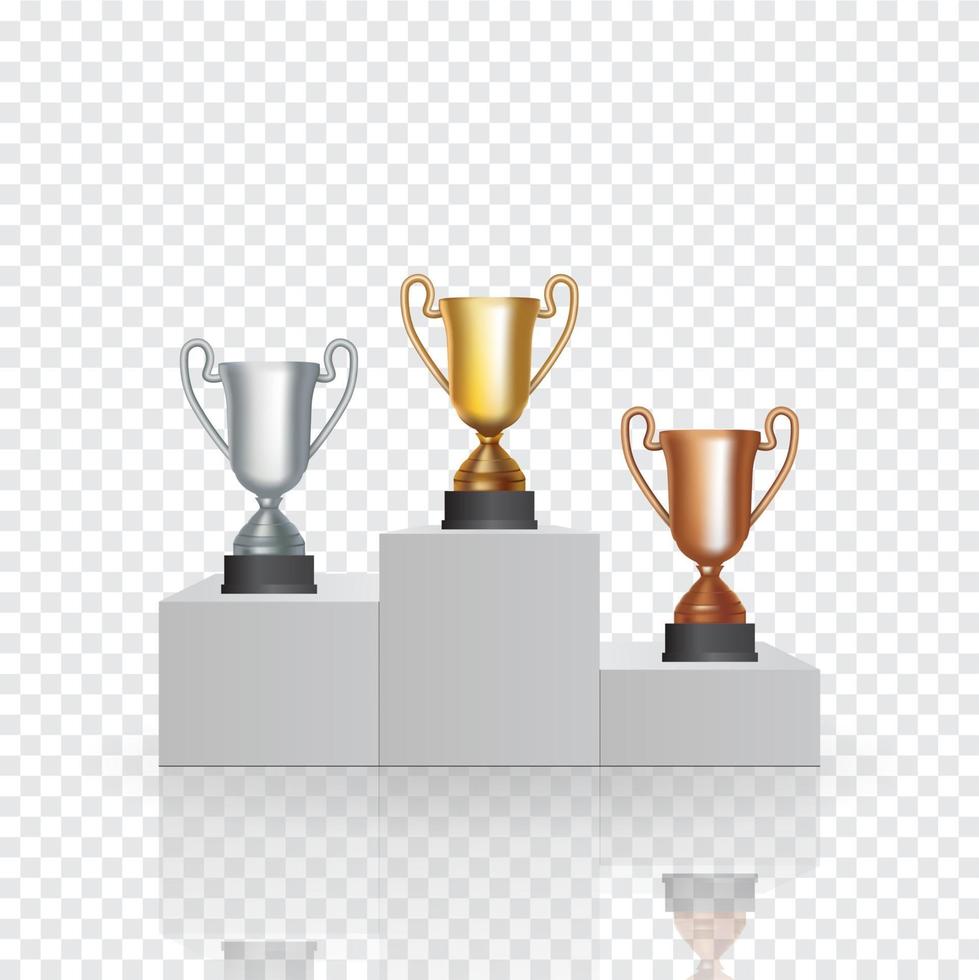 pedestal con la copa ganadora del primer oro, la segunda plata y el tercer lugar bronce sobre fondo transparente. ilustración vectorial. vector