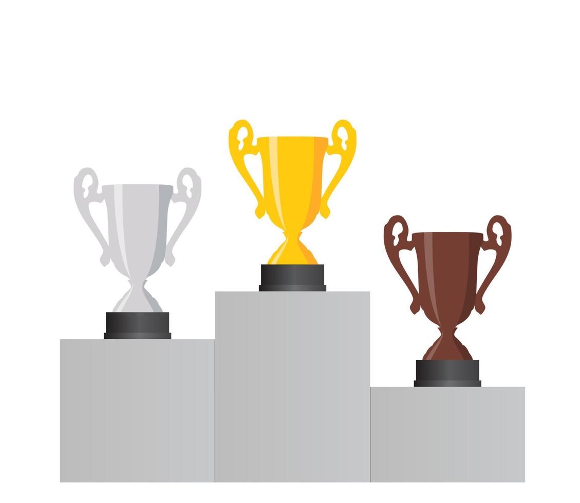 Pedestal with the cup winner of the first Gold , the second Silver and the third Bronze place on white background. Vector Illustration