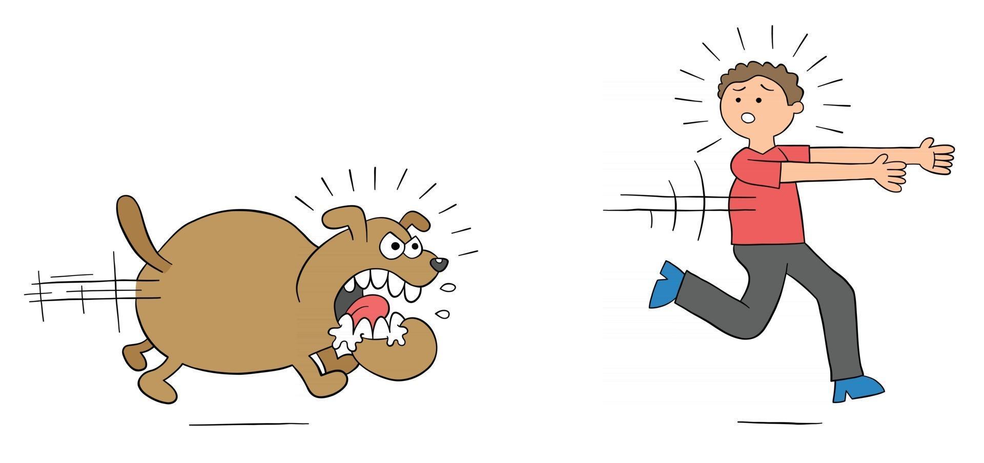 Cartoon Angry Dog Chases Man and Man Runs Away Vector Illustration