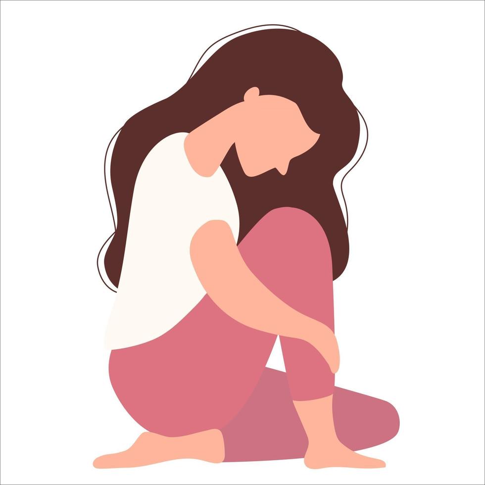 Sad girl with long hair sitting and hugging her leg.  Vector illustration